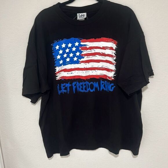 Vintage Lee Sport Mens Black American Flag Let‎ Freedom Ring Y2K Graphic Tee XXL - Picture 1 of 6